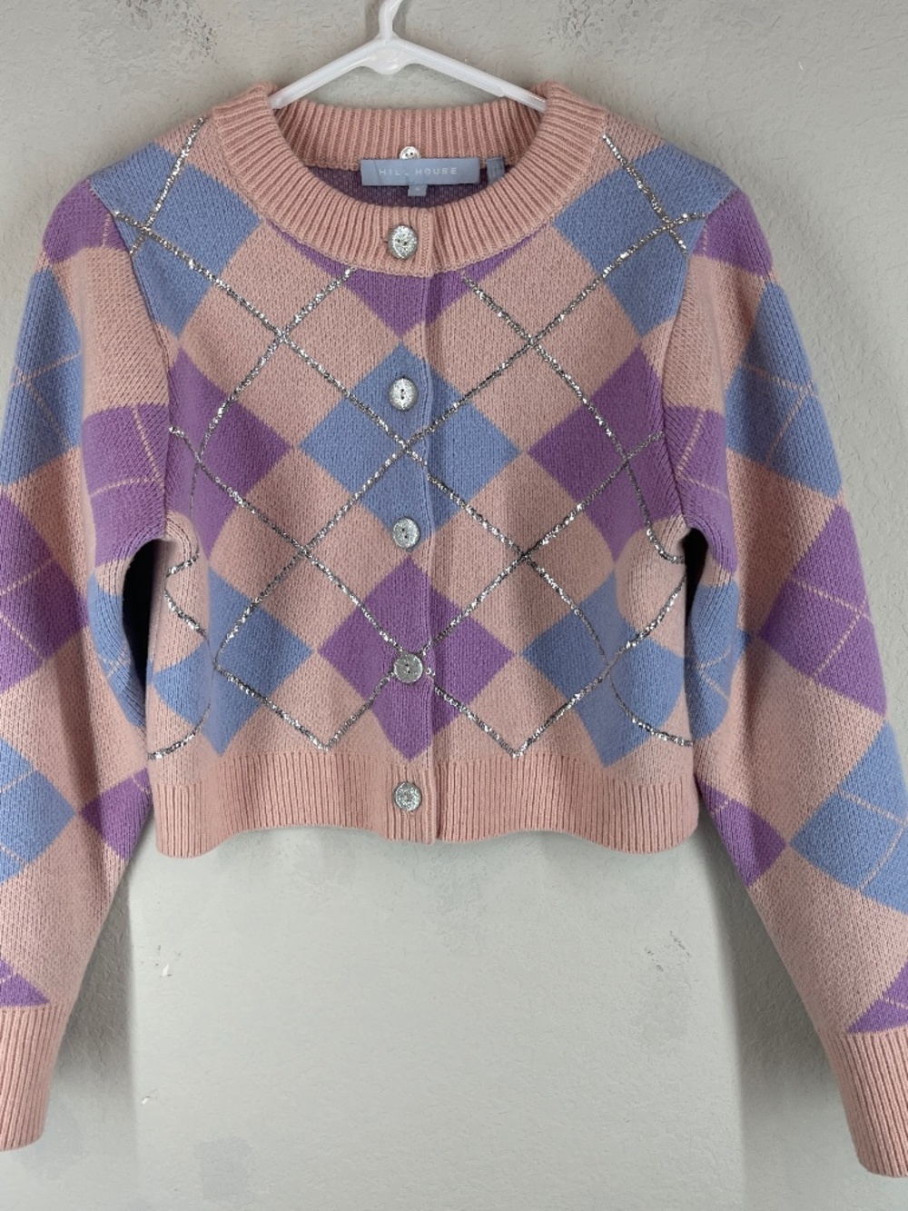 Hill House The Heddy Cardigan Sweater Women's S Pink Argyle Sequins Wool